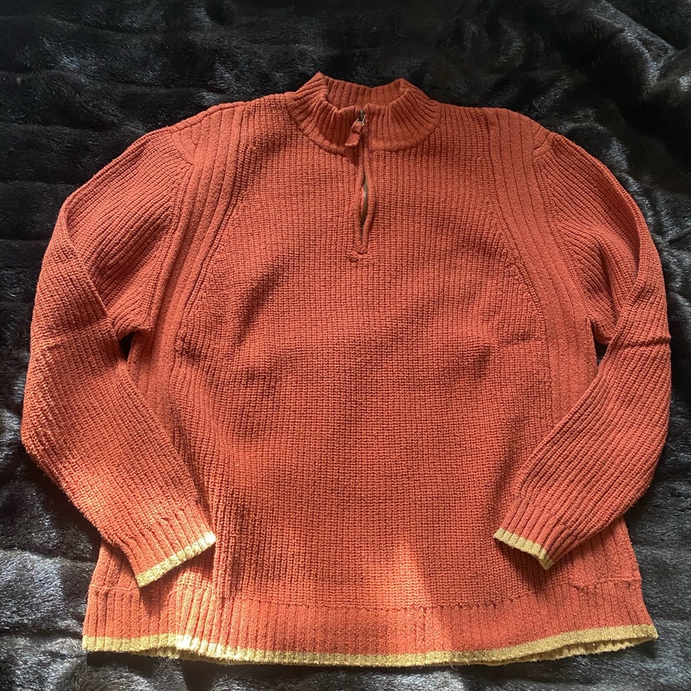 EUC Vtg Territory Ahead silk blend 1/4 zip ribbed pullover sweater-rust/mustard